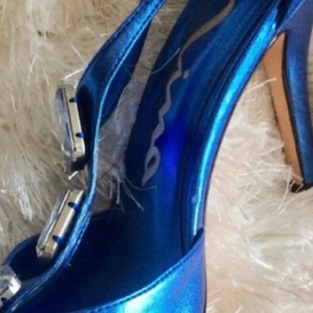 Nina Metallic Embellished Peep Toe Leather Heels Blue 8 1/2